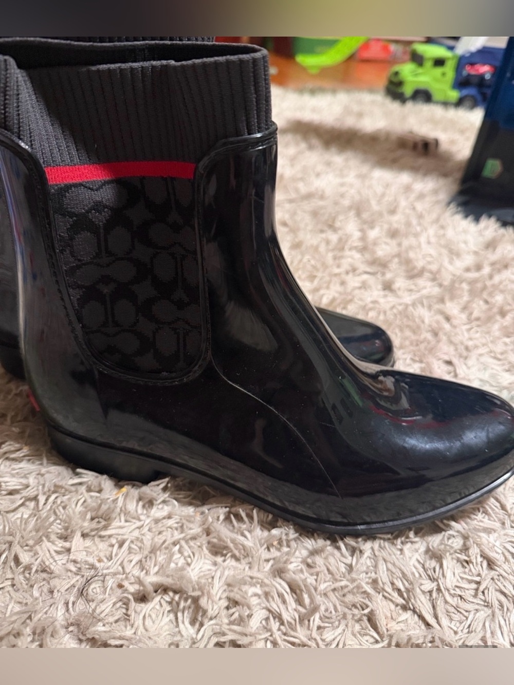 Coach Black Glossy Signature Ankle Rain Booties with Red Trim